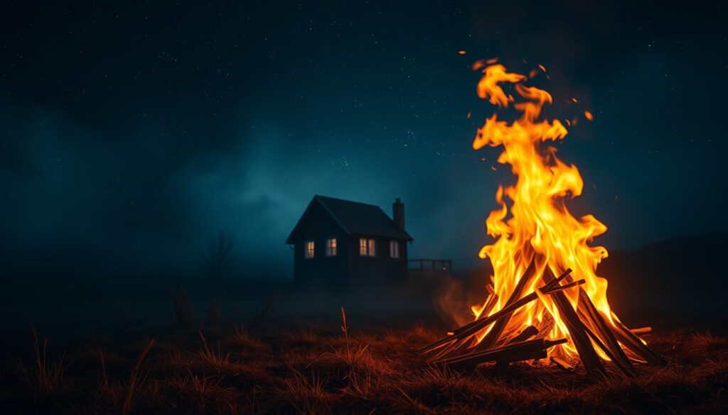 A dreamlike landscape ablaze with symbolic fire, casting a warm, ethereal glow. In the foreground, a mesmerizing bonfire dances, its flames twisting and flickering with a sense of transformative energy. The middle ground reveals a cozy cottage, its windows aglow, hinting at the emotional hearth and home. In the background, a mystical, starry night sky envelops the scene, suggesting the subconscious realm of dreams. Soft, diffused lighting creates an atmospheric, almost spiritual ambiance, inviting the viewer to ponder the deeper meaning of this fiery vision. Subtle camera angles and a painterly artistic style evoke a sense of contemplation and introspection.