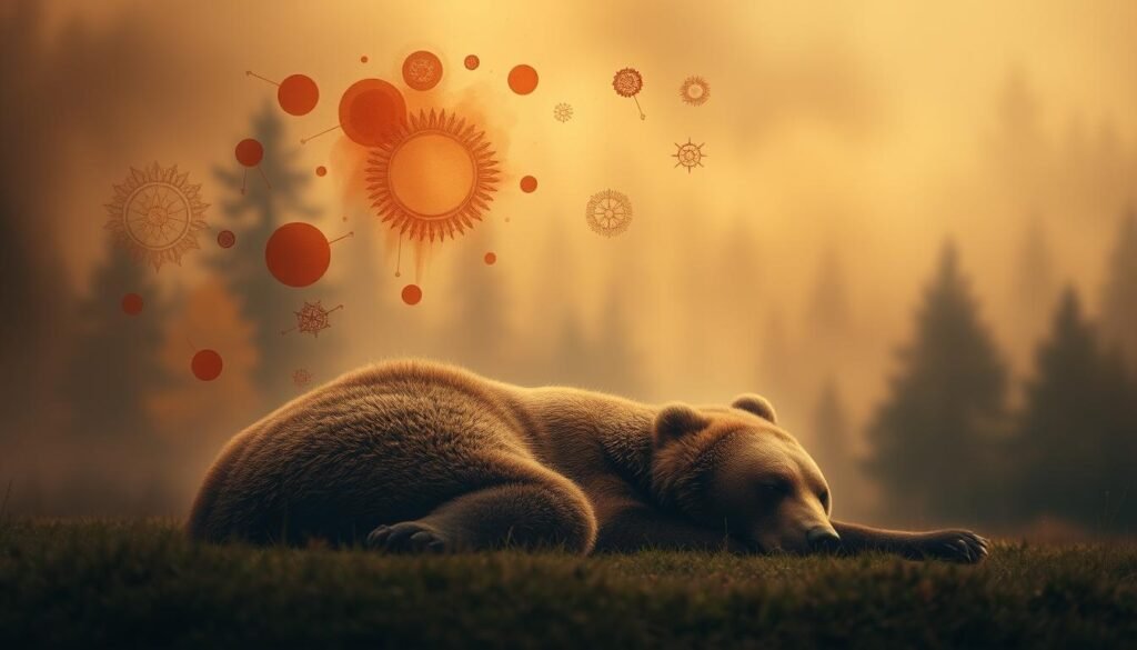 A dreamlike landscape bathed in a warm, earthy palette. In the foreground, a majestic brown bear rests, its eyes closed in a serene slumber. Swirling around it, abstract shapes and symbols in shades of brown, ochre, and amber evoke the subconscious realm of dreams. The background depicts a hazy, mystical forest, with trees and foliage blending into a soft, blurred tapestry. Soft, diffused lighting casts a tranquil, introspective mood, inviting the viewer to ponder the symbolic meaning of the bear's sleeping form and the enveloping colors. A contemplative, subtly unsettling representation of the psychology behind bear attack dreams.