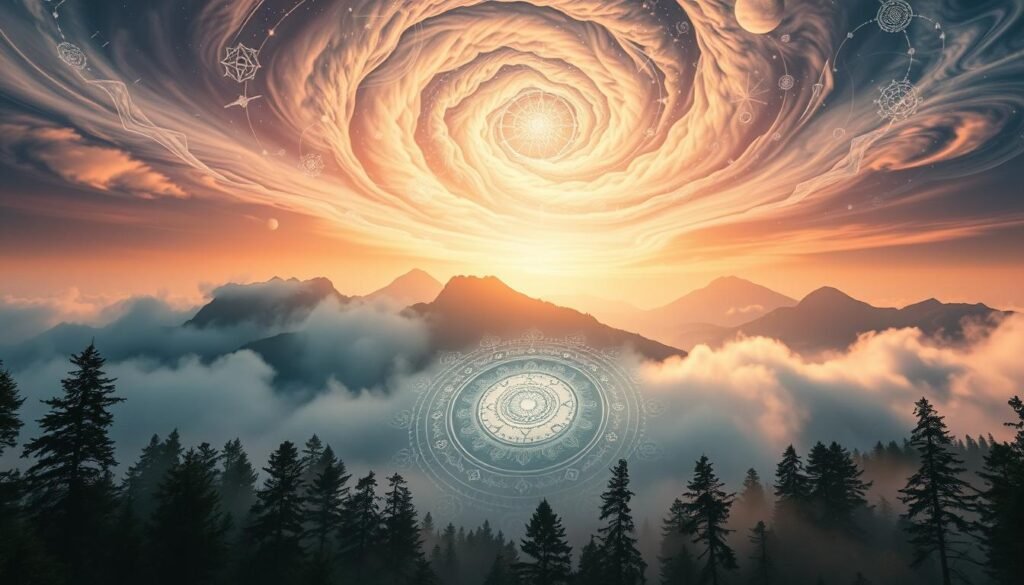 A dreamlike landscape bathed in soft, ethereal light. In the foreground, a spiraling mandala of intricate symbols and geometric patterns, glowing with an inner luminescence. Mist-shrouded trees and towering mountains form the middle ground, suggesting a mystical, otherworldly realm. The sky overhead is a shifting, kaleidoscopic canvas of swirling colors and celestial motifs, hinting at the transformative power of the subconscious. The overall atmosphere is one of tranquility, introspection, and the awakening of the higher self through the medium of the dream state.