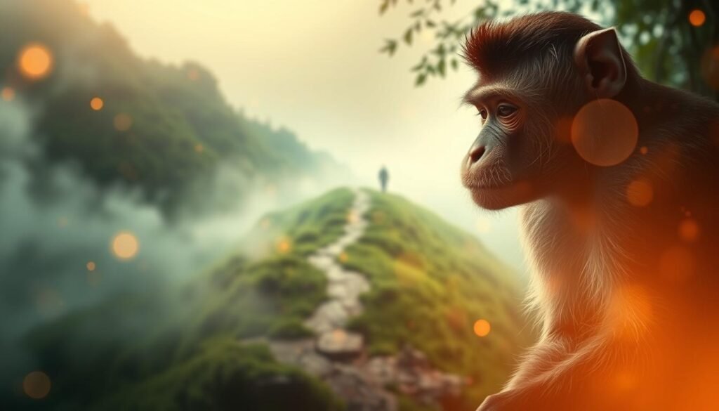 A dreamlike landscape featuring a contemplative monkey in the foreground, surrounded by swirling mists and glowing orbs of light. The monkey's eyes are closed, suggesting a state of deep introspection. In the middle ground, a path winds through a lush, verdant forest, hinting at the journey of personal transformation. The background is bathed in a soft, ethereal glow, creating an atmosphere of serenity and inner awakening. The scene is illuminated by a warm, diffused light, as if captured through a vintage camera lens. An overall sense of tranquility and the interconnectedness of the natural and spiritual worlds is conveyed.