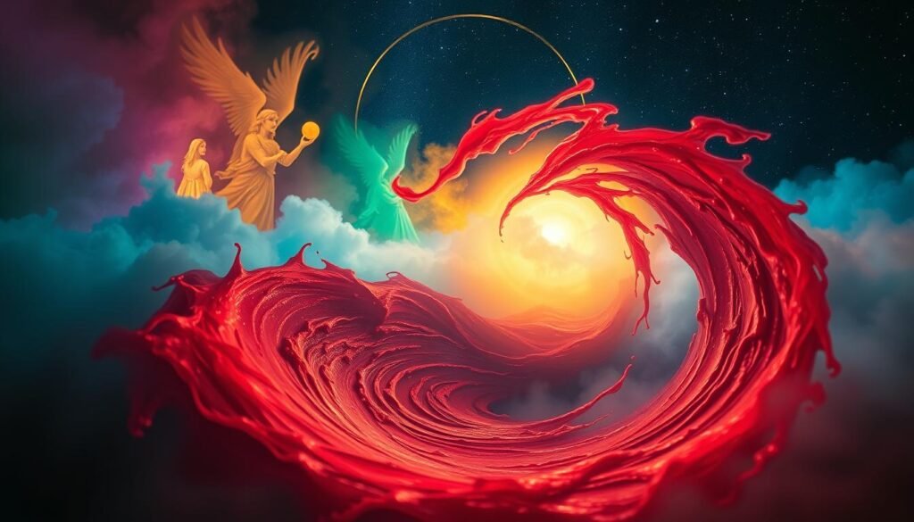 A dreamlike landscape filled with vibrant symbolic hues. In the foreground, a swirling vortex of crimson blood flows, representing the spiritual significance of a nosebleed dream. Surrounding it, a kaleidoscope of colors - azure blue for intuition, emerald green for growth, golden yellow for illumination. In the middle ground, ethereal figures materializing from the chromatic mist, their forms shifting between abstract and representational. The background fades into an indigo night sky, stars twinkling with esoteric meaning. Dramatic chiaroscuro lighting casts dramatic shadows, heightening the mystical atmosphere. Captured through a wide-angle lens to convey a sense of grandeur and the profound nature of subconscious symbolism.