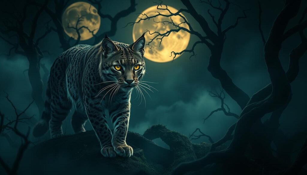 A dreamlike landscape illuminated by a mystical lunar glow, where a majestic bobcat emerges from the shadows, its eyes gleaming with primal wisdom. The feline's sinewy form prowls through a dense, primordial forest, symbolizing the untamed aspects of the subconscious mind. Wispy tendrils of mist curl around ancient, twisted trees, creating an atmosphere of spiritual introspection. The scene is captured through a cinematic lens, with dramatic chiaroscuro lighting that accentuates the bobcat's powerful presence and the ethereal, otherworldly mood. This image evokes the hidden messages and transformative potential within the depths of the dreaming psyche.