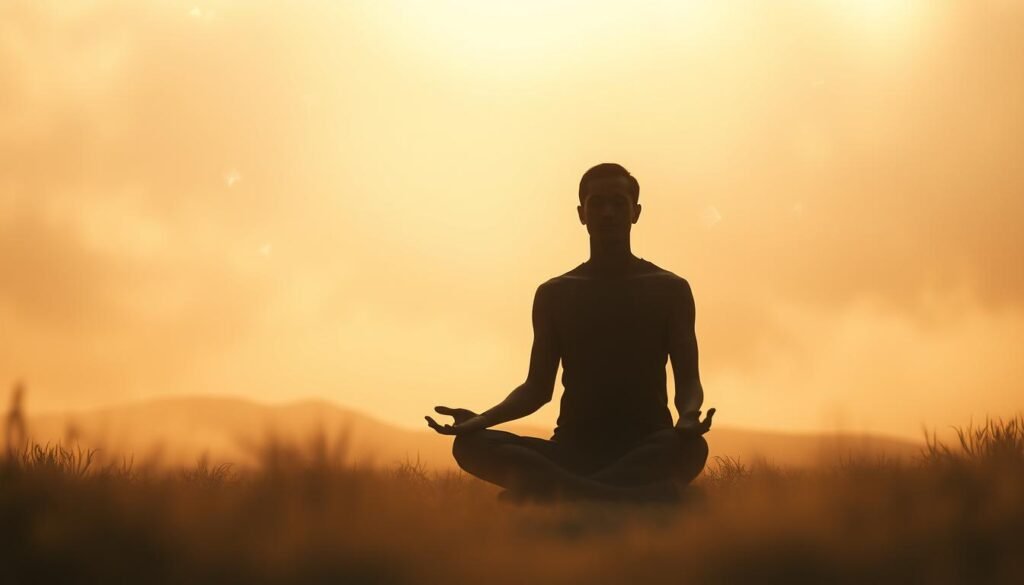 A dreamlike landscape of soft, ethereal light. In the foreground, a figure sits in a meditative pose, their face obscured, radiating an aura of wisdom and introspection. The middle ground features floating geometric shapes and swirling energy patterns, symbolizing the interconnectedness of consciousness and the subconscious. In the background, a hazy, abstract realm of muted colors and blurred forms, evoking the depths of the psyche and the mysteries of the self. Warm, diffused lighting casts a serene, contemplative mood, inviting the viewer to delve into the realm of personal growth and inner transformation.