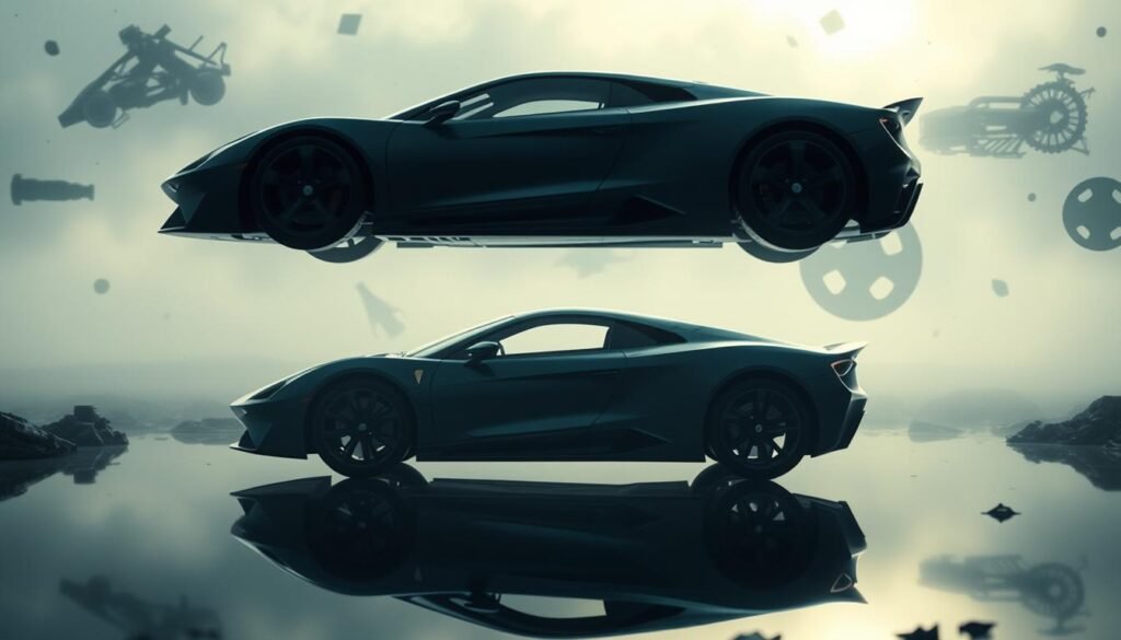 A dreamlike landscape of symbolic car imagery. A sleek, futuristic sports car levitates in the foreground, surrounded by ethereal light and hazy atmosphere. In the middle ground, the car's silhouette is reflected in a still pool, creating a sense of duality and introspection. In the background, fragmented car parts and mechanical components float in a surreal, disjointed manner, suggesting the subconscious workings of the mind. Soft, diffused lighting casts an introspective mood, inviting the viewer to ponder the deeper meaning behind the car's role as a symbolic representation of the self, control, and the journey of life.