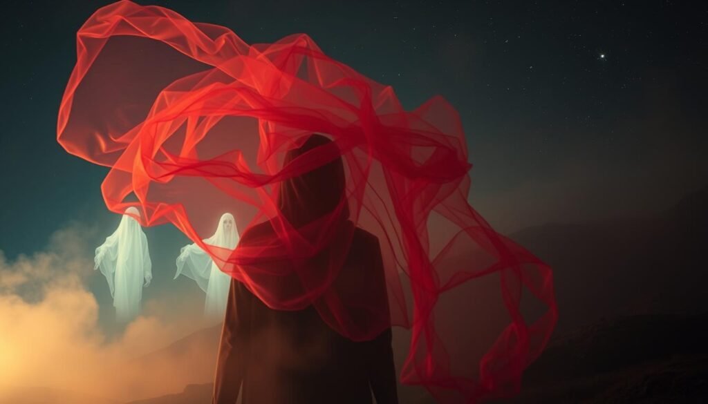 A dreamlike landscape, shrouded in a mystical haze. In the foreground, a figure emerges, their face obscured by a swirling veil of crimson mist, symbolizing the ancestral messages conveyed through a nosebleed dream. The middle ground features ghostly, ethereal shapes, representing the spiritual realm and the connection to one's heritage. In the background, a starry night sky, dotted with celestial bodies, suggests the cosmic significance of this prophetic vision. Soft, warm lighting illuminates the scene, creating an atmosphere of reverence and introspection. The overall composition evokes a sense of wonder and the profound insights that can be gained from these profound, ancestral communications.