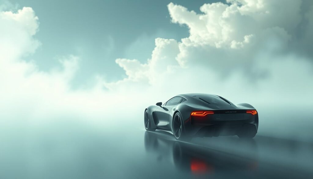 A dreamlike landscape where a sleek, futuristic car glides effortlessly through a hazy, ethereal environment. The vehicle, its lines and curves evoking a sense of power and control, represents the subconscious mind's navigation through the intricate landscapes of the psyche. Soft, ambient lighting casts an otherworldly glow, suggesting the intangible nature of our inner thoughts and impulses. The car's driver, barely visible, symbolizes the elusive nature of the self and the struggle for autonomy. Wispy clouds and a muted color palette create a sense of tranquility and introspection, inviting the viewer to ponder the deeper meanings hidden within the dream.