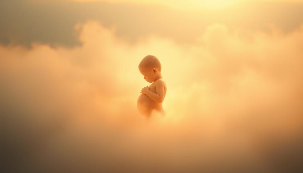 A dreamlike landscape where an unborn child emerges from the ethereal mist, its delicate features bathed in a warm, golden light. The child's form is ethereal, almost translucent, as if it is a vision from another realm. The background is a hazy, dreamlike expanse, with soft, blurred edges that suggest a sense of otherworldliness. The composition is serene and contemplative, inviting the viewer to ponder the mysteries of life and the subconscious. The overall mood is one of wonder and introspection, capturing the profound and symbolic meaning of seeing one's unborn child in a dream.