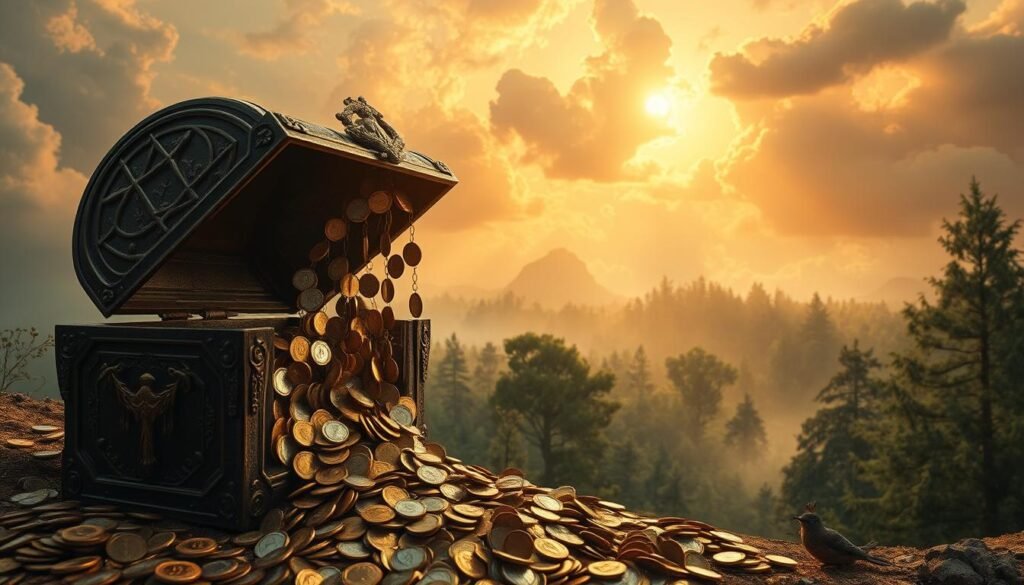 A dreamlike landscape, where the boundaries between reality and fantasy blur. In the foreground, a cascade of gold and silver coins spill forth from an ornate treasure chest, symbolizing the hidden wealth and abundance that can manifest in our subconscious. The middle ground features a lush, ethereal forest, hinting at the untapped potential and fertile ground for growth. The background is dominated by a surreal, otherworldly sky, bathed in warm, golden light, conveying a sense of transcendence and the promise of prosperity. The overall scene is infused with a sense of magic and mysticism, inviting the viewer to explore the deeper meanings and messages hidden within the dream.