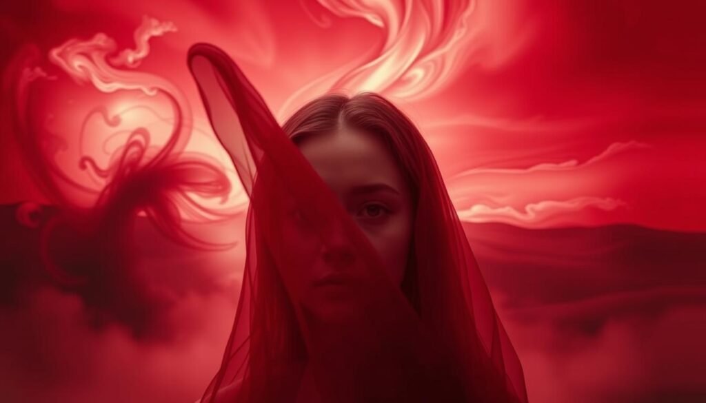 A dreamlike landscape, where the color red takes center stage. In the foreground, a woman's face emerges, her features partially obscured by a sheer, scarlet veil. Her expression is pensive, her gaze captivating. The middle ground features a swirling, ethereal background, with abstract shapes and forms in shades of crimson, burgundy, and vermilion. Shadows and highlights create a sense of depth and mystery. In the background, a vast, crimson sky dominates the scene, with wispy clouds in hues of scarlet and ruby. The overall atmosphere is one of introspection, mysticism, and the power of the color red to evoke emotion, passion, and the subconscious.