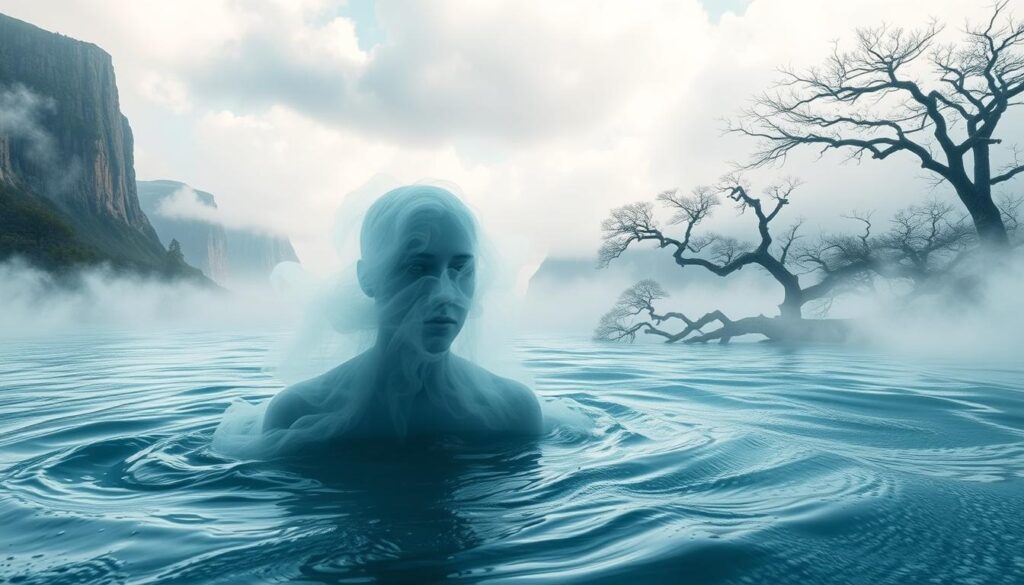 A dreamlike landscape where the subconscious flows freely. In the foreground, a surreal figure emerges from swirling waters, its features obscured by ethereal mist. The middle ground reveals a serene lake, its surface reflecting the sky above like a mirror. In the background, towering cliffs and gnarled trees create a sense of depth and mystery. Soft, diffused lighting casts an introspective glow, while a subtle blue-green hue evokes the ebb and flow of emotions. The overall composition conveys the psychological symbolism of water dreams - the unconscious mind, the journey of self-discovery, and the depths of the human experience.