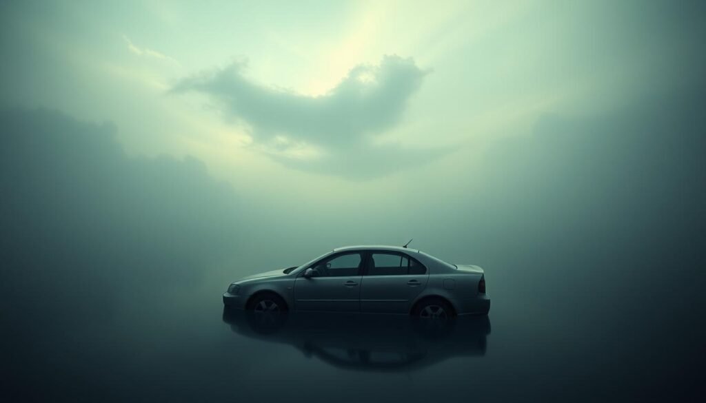 A dreamlike landscape, where the subconscious manifests in symbolic form. In the foreground, a submerged car, its wheels partially visible beneath the still, murky waters, representing the repressed desires or fears of the dreamer. The middle ground features a surreal, abstract skyscape, with wispy clouds and softly glowing orbs, hinting at the hidden currents of the psyche. In the background, a nebulous, ethereal realm, awash in muted tones and subtle textures, evoking the depths of the unconscious mind. The lighting is soft and diffused, creating an introspective, contemplative atmosphere. Employ a wide-angle lens to capture the expansive, immersive nature of the scene.