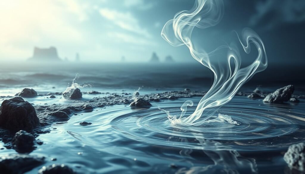 A dreamlike landscape, where the subconscious mind manifests as a surreal, fluid world. In the foreground, a swirling vortex of memories and emotions, reflected in a shimmering pool of water. Wisps of vapor and ethereal light dance across the surface, hinting at the hidden processes of the psyche. The middle ground features fragmented, abstract shapes and forms, representing the fragmented nature of the subconscious. In the background, a vast, endless expanse of the unknown, with distant, blurred shapes that suggest the depth and complexity of the inner world. The lighting is soft and diffused, creating a sense of tranquility and introspection. The overall composition conveys the idea of the subconscious as a vast, mysterious realm, where the mind's hidden currents and undercurrents flow and intertwine.