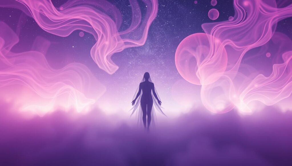 A dreamlike landscape where vibrant hues of purple, lavender, and violet swirl and blend, creating a mesmerizing visualization of dream color symbolism. In the foreground, a translucent figure emerges, its form ethereal and wisps of energy emanating from it. The middle ground features a kaleidoscope of abstract shapes and patterns, each one a representation of the emotional and spiritual significance of the color purple. In the background, a starry night sky serves as a serene and mystical backdrop, highlighting the connection between dreams, spirituality, and the subconscious. The lighting is soft and diffused, casting a warm, otherworldly glow over the entire scene. The overall mood is one of introspection, intuition, and the exploration of the deeper meanings hidden within our dreams.