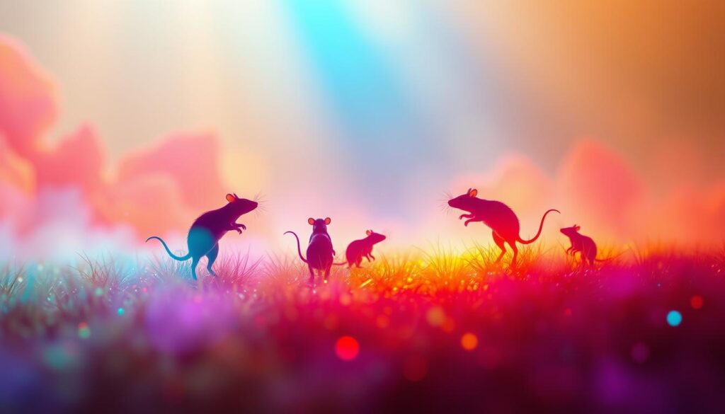 A dreamlike landscape where vibrant rat silhouettes dance amidst a kaleidoscope of colors. In the foreground, a spectrum of hues symbolizing the emotional impact of the dream - red for passion, blue for introspection, green for growth, and purple for spiritual insight. In the middle ground, the rats move with graceful purpose, their forms blending into the surreal environment. The background features a soft, abstract gradient, creating a sense of depth and mystery. Warm lighting from an unseen source bathes the scene in a contemplative glow, inviting the viewer to ponder the deeper significance of the dream imagery.