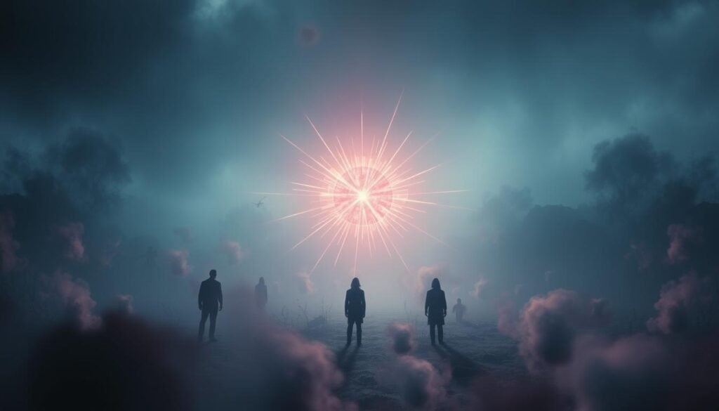 A dreamlike landscape with a central, glowing core representing the core messages of a disturbing rape dream. The foreground features ethereal, abstract shapes and figures in shades of blue, purple, and gray, conveying a sense of confusion and unease. The middle ground showcases a luminous, pulsating sphere of light, emitting rays that radiate outward, symbolizing the profound and often unsettling insights hidden within the subconscious. The background is a hazy, indistinct realm of muted tones, creating an atmosphere of mystery and the unknown. Dramatic side lighting casts dramatic shadows, adding depth and a sense of drama to the scene. The overall mood is contemplative, introspective, and visually captivating, reflecting the complex nature of rape dream meanings.