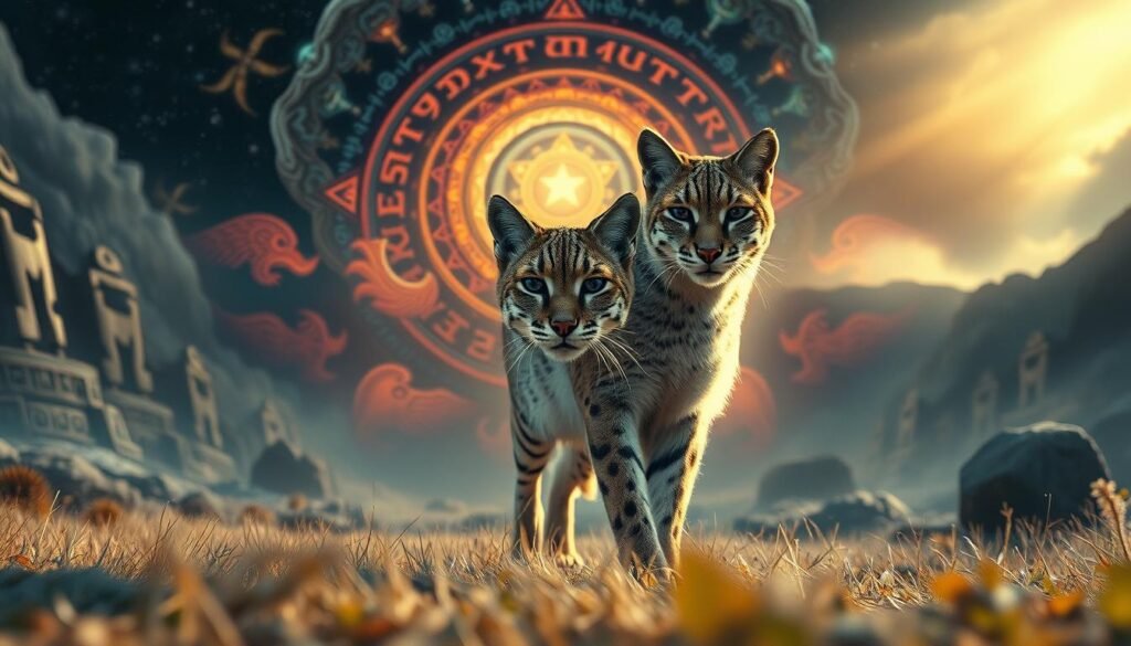 A dreamlike landscape with a majestic bobcat at the center, surrounded by vibrant cultural symbols and mystical elements. In the foreground, the bobcat stands proud, its piercing gaze capturing the viewer's attention. The middle ground features intricate patterns and totemic designs, hinting at the deep spiritual significance of the creature. In the background, a swirling vortex of cosmic energy and ancient runes sets the stage for a profound, otherworldly experience. Soft, diffused lighting casts a warm, ethereal glow, evoking a sense of timelessness and connection to the natural world. Captured with a wide-angle lens, the composition emphasizes the harmony between the bobcat and its symbolic environment.