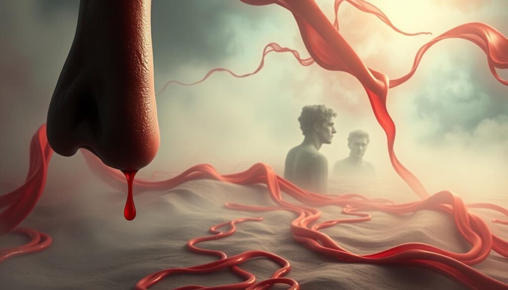 A dreamlike landscape with vivid crimson streams flowing across a surreal canvas. In the foreground, a nose emanates a steady trickle of blood, the scarlet hue blending with the ethereal flows. The middle ground features warped and twisted forms, suggesting the subconscious distortions of a restless slumber. The background is shrouded in a hazy, atmospheric mist, creating a sense of mystery and the unknown. Dramatic lighting casts deep shadows, enhancing the intensity and mysticism of the scene. Surreal, symbolic, and evoking the strange yet meaningful nature of a nose bleed dream.
