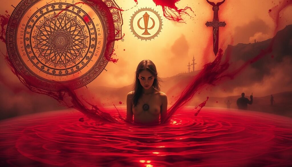 A dreamlike, mystical scene depicting the universal symbolism of blood across diverse cultures. In the foreground, an ethereal figure emerges from a pool of vibrant crimson, their gaze intense and piercing. Swirling around them, intricate patterns and glyphs representing ancient blood rites and divination practices from various belief systems. The middle ground features a collage of symbolic imagery - a chalice, a dagger, a sigil, all stained with the essence of life. In the background, a hazy, otherworldly landscape, bathed in a warm, golden glow that imbues the scene with a sense of the sacred and the transcendent. Lighting is soft and diffused, creating an atmosphere of reverence and contemplation. Rendered with a painterly, impressionistic style that evokes the mystical and the otherworldly.