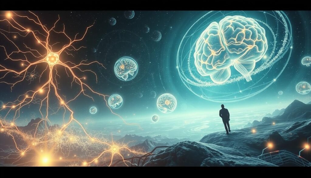 A dreamlike neuroscience landscape, with a figure of a person walking through a surreal, ethereal mindscape. The foreground features intricate neural pathways and synaptic connections, glowing with an otherworldly energy. The middle ground showcases floating, translucent brain structures, pulsing with a mesmerizing rhythm. In the background, a vast, cosmic expanse, with swirling galaxies and celestial formations, creating a sense of boundless exploration and the vastness of the human mind. Soft, diffused lighting casts a warm, contemplative glow, evoking a sense of wonder and the mysteries of the subconscious. Captured through a wide-angle lens, the composition emphasizes the interconnectedness of the physical and the metaphysical, the conscious and the unconscious.