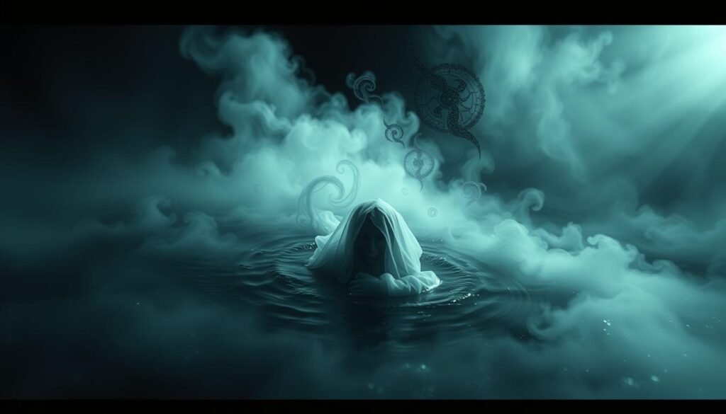 A dreamlike realm where anxiety and subconscious converge. In the foreground, ethereal tendrils of mist swirl and envelop a figure submerged in a pool of inky darkness, their face obscured by the murky depths. Surrounding this central motif, abstract patterns and fractals undulate with a sense of unease, hinting at the subconscious workings of the mind. The background is shrouded in a soft, diffuse light, creating an atmosphere of introspection and unease. Lighting is dramatic, with chiaroscuro effects highlighting the contrast between light and shadow. A wide-angle lens captures the scene, lending a sense of immersion and depth to the composition. The overall mood is one of psychological tension and the blurring of reality and dreams.