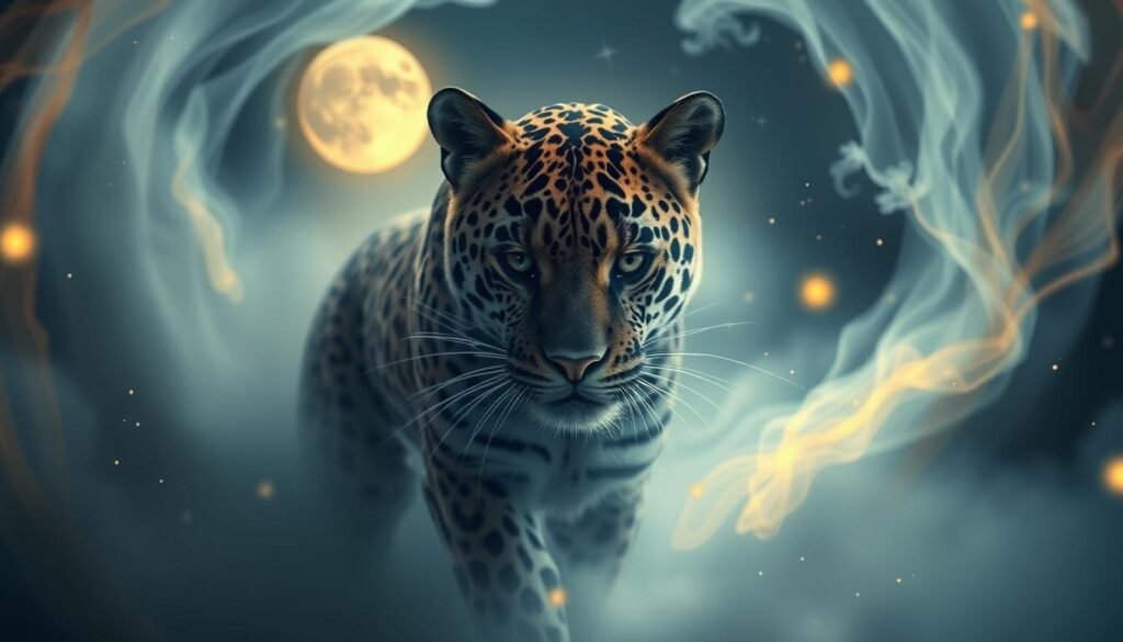 A dreamlike rendering of a leopard spirit animal, surrounded by mystical energy and ethereal elements. A majestic feline emerges from a swirling vortex of light, its intense gaze piercing the viewer. Wisps of mist and glowing orbs drift in the serene, moonlit environment, creating a sense of spiritual tranquility and inner reflection. Soft, diffused lighting accentuates the leopard's powerful, yet graceful form, symbolizing the balance between the physical and the metaphysical. Subtle details, such as glowing symbols or totemic patterns, hint at the deeper symbolic significance of the leopard as a spirit guide. The overall atmosphere evokes a meditative, transformative experience, inviting the viewer to contemplate the deeper meaning of this animal's appearance in the dream world.