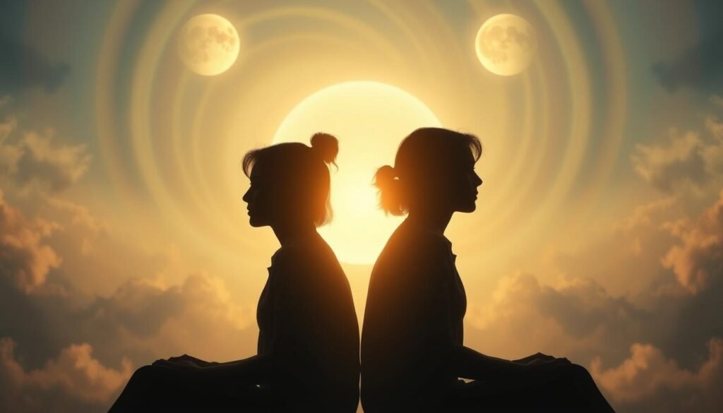 A dreamlike scene depicting the duality and interconnectedness of twin relationships. In the foreground, two mirrored figures sit back-to-back, their silhouettes blending into one. Their expressions are pensive, conveying a sense of introspection and self-reflection. The middle ground features a swirling, ethereal background of soft, pastel hues, symbolizing the ethereal nature of the subconscious. In the background, two moons or suns (representing the duality of perspectives) cast a warm, ambient glow, illuminating the scene with a sense of mysticism and tranquility. The overall composition and lighting create a serene, contemplative atmosphere, inviting the viewer to ponder the symbolic significance of twin dreams and their impact on relationships.