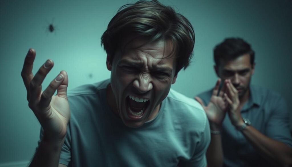 A dreamlike scene depicting the emotional responses to dreaming about cockroaches. In the foreground, a person recoils in disgust, their face contorted with a visceral expression of revulsion. In the middle ground, another person appears anxious, their eyes wide and hands raised defensively, as if trying to ward off the imagined pests. In the background, a third figure seems troubled, their brow furrowed in a mixture of fear and unease. The lighting is soft and muted, creating an atmosphere of unsettling uncertainty. The composition is balanced, with the figures occupying distinct spaces and their poses conveying the range of emotional reactions. The overall tone evokes the unsettling and unsettling nature of roach-related dreams.