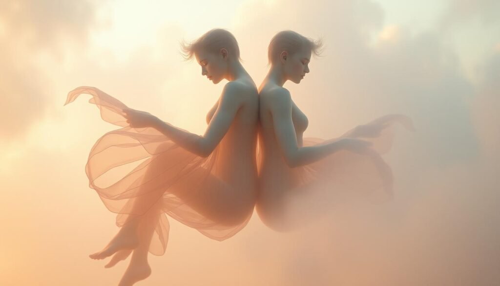 A dreamlike scene depicting the symbolic interplay of gender in a twin vision. A softly-lit, ethereal landscape with two spectral figures floating in an embrace, their forms blending and blurring to suggest a fluidity of identity. Hazy, pastel hues create an atmosphere of tranquility and reflection. The figures exude a sense of duality, their features androgynous, neither fully male nor female. Subtle details like flowing fabric and delicate wisps of hair emphasize the ephemeral, dreamlike quality. The composition is balanced, the figures centered, encouraging the viewer to contemplate the symbolic meanings of gender, identity, and the duality of the self as manifested in the twin dream experience.