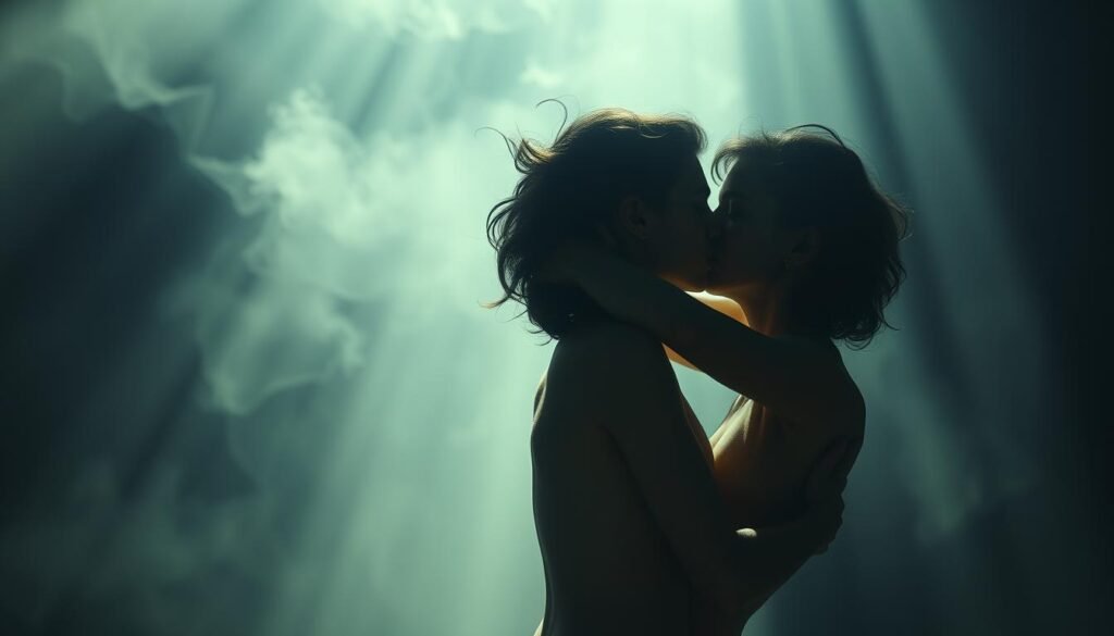 A dreamlike scene depicting twin figures intertwined, their faces mirrored yet distinct. Dramatic lighting casts deep shadows, creating an atmosphere of inner turmoil and duality. In the foreground, the twins appear to struggle, their bodies blending and separating, symbolizing the conflict between unity and individuality. The background is hazy, with soft, ethereal textures and muted colors, evoking the subconscious realm of dreams. The overall composition conveys a sense of introspection, inviting the viewer to explore the complexities of the psyche and the duality of the self.