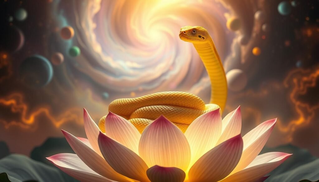 A dreamlike scene of a majestic yellow snake coiled atop a mystical, glowing lotus flower, its serpentine body shimmering with an ethereal iridescence. In the background, a swirling cosmos of vibrant hues and celestial patterns, evoking a profound sense of spiritual transcendence. Soft, diffused lighting bathes the scene in a warm, otherworldly glow, creating an atmosphere of serene contemplation. The snake's piercing gaze holds an ancient wisdom, a symbolic connection to the hidden realms of the subconscious. This vision captures the essence of the yellow snake's spiritual significance - a powerful totem of transformation, intuition, and the duality of earthly and divine.