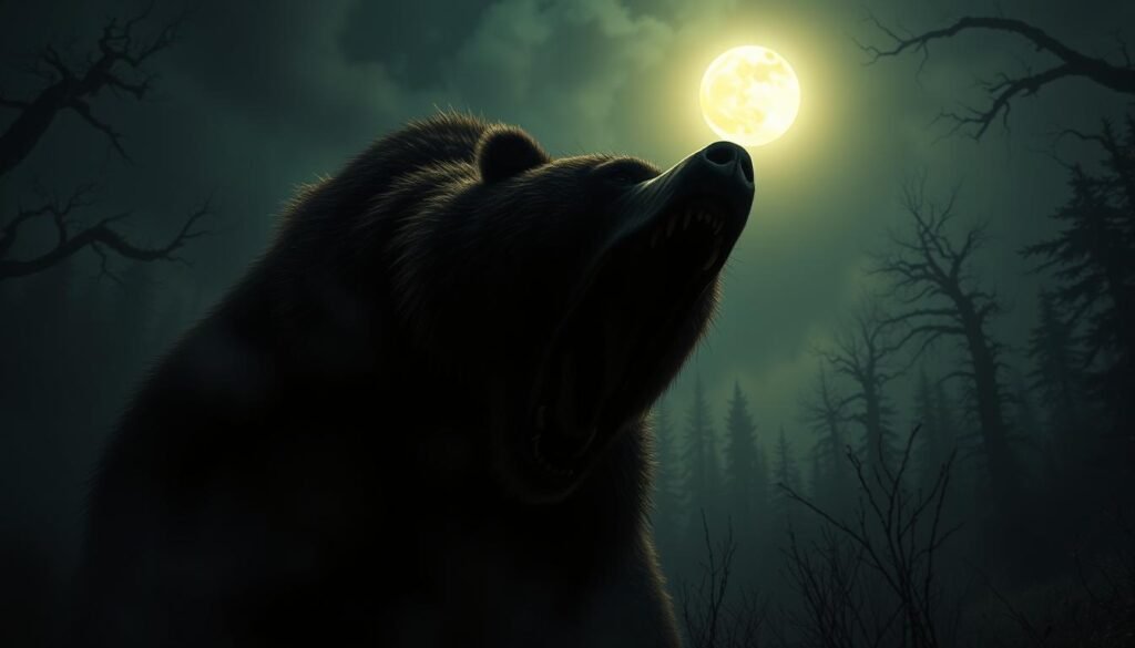 A dreamlike scene of a nightmarish bear attack unfolds. In the eerie foreground, a monstrous brown bear looms, its jaws agape, ready to pounce on its terrified prey. The middle ground features a shroud of ominous mist, obscuring the details of the surrounding forest. Distant trees loom like gnarled, shadowy sentinels, their branches reaching towards a night sky illuminated by a haunting, full moon. The atmosphere is one of profound dread and unease, as the viewer is drawn into the disturbing, visceral imagining of a bear attack nightmare.