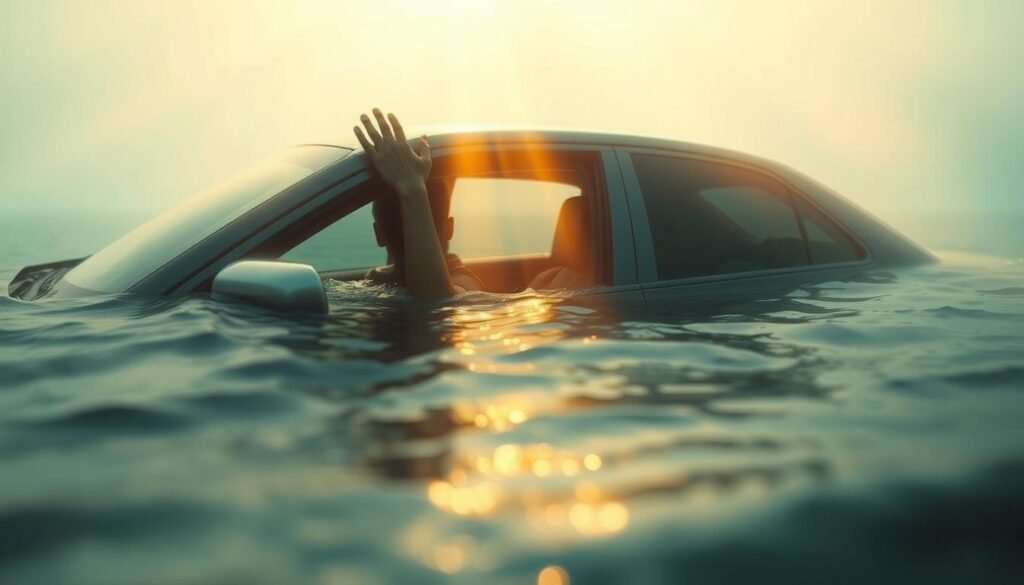 A dreamlike scene of a person escaping a submerged vehicle, the water gently lapping against the car's surface. The figure is emerging from the driver's side window, one hand gripping the edge as they pull themselves to safety. Shafts of warm, ethereal light pierce the murky depths, casting a serene, almost spiritual atmosphere. The background is blurred, hazy, evoking a sense of disorientation and the subconscious. Soft, muted tones of blue and green predominate, with hints of amber and gold. The scene conveys a sense of triumph and relief, a successful navigation through a challenging, surreal experience.