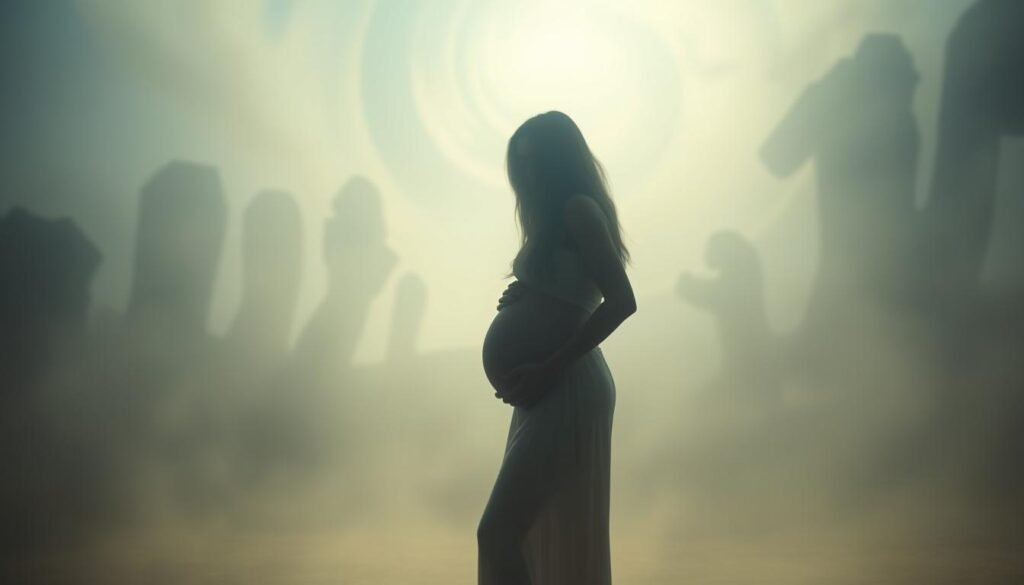 A dreamlike scene of a stranger's pregnancy, bathed in a soft, ethereal glow. In the foreground, a pregnant figure stands in a hazy, indistinct setting, their features obscured, evoking a sense of mystery and disconnection. Behind them, a swirling, abstract landscape unfolds, with shapes and forms that suggest the subconscious and the unknown. The lighting is gentle, creating a sense of tranquility and introspection, as if the viewer is peering into a private, otherworldly vision. The composition is balanced, with the central figure commanding attention, while the background elements add depth and a sense of the expansive, unconscious mind.