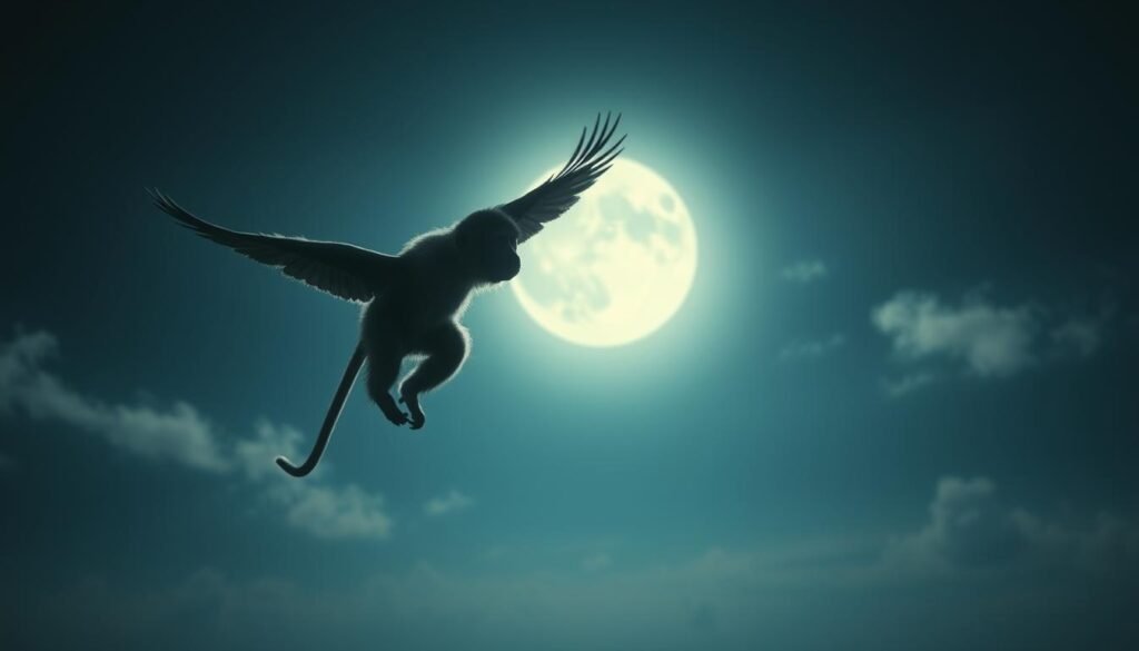 A dreamlike scene of a winged simian soaring through the night sky, its silhouette illuminated by a full moon. The monkey's fur appears to shimmer, imbued with a ethereal quality. In the background, wispy clouds drift lazily, casting faint shadows on the landscape below. The mood is one of tranquility and wonder, as if the viewer is observing a mystical, otherworldly occurrence. The lens is angled to capture the graceful, almost balletic movement of the flying monkey, inviting the viewer to ponder the symbolic significance of this fantastical creature.