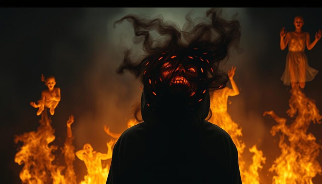 A dreamlike scene of emotional responses unfolding during a house fire dream. In the foreground, a figure is consumed by a swirling vortex of intense emotions - fear, grief, and desperation. In the middle ground, ghostly figures emerge from the flames, their expressions reflecting a range of reactions, from panic to resignation. The background is shrouded in an eerie, smoky haze, creating a sense of uncertainty and the unknown. The lighting is dramatic, with sharp shadows and highlights, emphasizing the emotional turmoil. The camera angle is slightly elevated, giving the viewer a sense of observation and introspection. The overall mood is one of psychological tension and the transformation of the self during a pivotal moment of crisis.