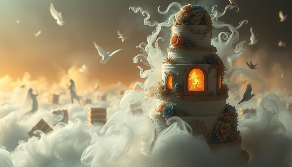A dreamlike scene of intricate cake symbolism. In the foreground, a towering multi-tiered cake, its layers adorned with floral motifs and intricate icings that seemingly move and shift. Surrounding the cake, wispy ethereal figures, their forms merging with the cake's elements. In the middle ground, a surreal landscape of swirling mists and floating cake slices, each a window into a symbolic dream world. The background bathed in a warm, soft light, heightening the sense of the otherworldly. Intimate and immersive, inviting the viewer to ponder the deeper meanings of cake in the subconscious mind.