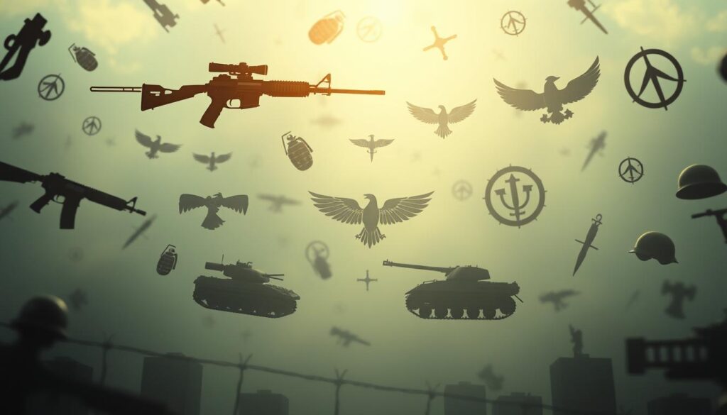 A dreamlike scene of military symbols and emblems suspended in a mystical, ethereal environment. In the foreground, meticulously detailed rifle, tank, and grenade icons drift weightlessly, bathed in a warm, golden light. In the middle ground, wings, swords, and other martial insignia float aimlessly, as if suspended in a timeless void. The background is shrouded in a hazy, mist-like atmosphere, with faint outlines of barbed wire, helmets, and camouflage patterns emerging from the ethereal shadows. The overall mood is one of quiet contemplation, a meditation on the spiritual resonance of military imagery in the subconscious. Realistic rendering with a cinematic, low-angle perspective.