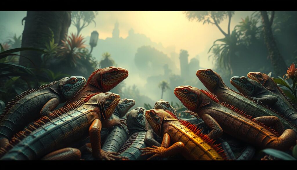 A dreamlike scene of multiple lizards gathered in a mystical, verdant environment. In the foreground, several vibrant, hyper-detailed lizards of varying species coil and intertwine, their scales glistening under a warm, soft lighting. The middle ground features a lush, otherworldly landscape with exotic foliage and swirling mist, creating an atmosphere of tranquility and introspection. In the background, the scene fades into a hazy, ethereal realm, suggesting a deeper, symbolic connection between the lizards and the subconscious. Overall, the image conveys a sense of spiritual significance, inviting the viewer to ponder the hidden meanings behind this reptilian gathering.