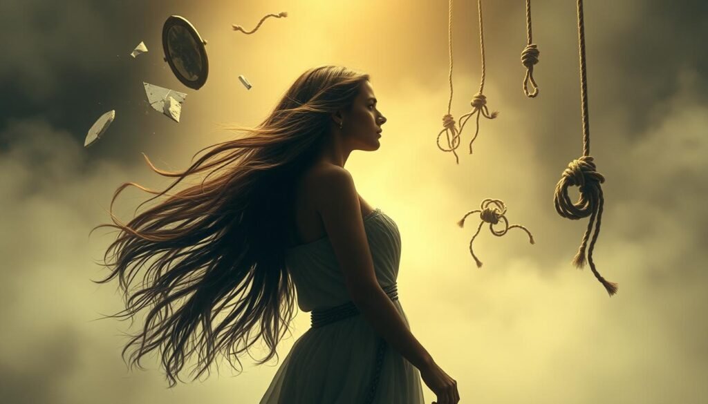 A dreamlike scene of the Delilah archetype, her long hair flowing gracefully as she stands amidst a hazy, ethereal landscape. Jewel-toned symbols of betrayal - shattered mirrors, snapped strings, and tangled ropes - hover around her, casting an air of mystery and deception. Soft, warm lighting illuminates her from above, creating a sense of vulnerability and temptation. The background fades into a swirling, abstract pattern, emphasizing the psychological and emotional nature of this symbolic representation. Delicate yet powerful, the Delilah figure embodies the duality of seduction and treachery.