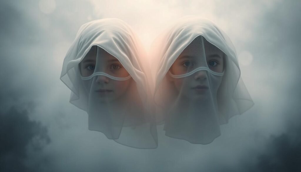 A dreamlike scene of twin children, their faces shielded by ethereal veils, float against a misty, atmospheric background. Soft, diffused lighting casts a serene, contemplative mood. The twins' forms are slightly blurred, suggesting the ephemeral, ambiguous nature of the vision. Swirling, abstract patterns in the background evoke the subconscious realm of the dream. The perspective is elevated, giving the impression of observing the scene from above, as if witnessing a personal, psychological interpretation. The overall impression is one of introspection, duality, and the mysterious workings of the unconscious mind.