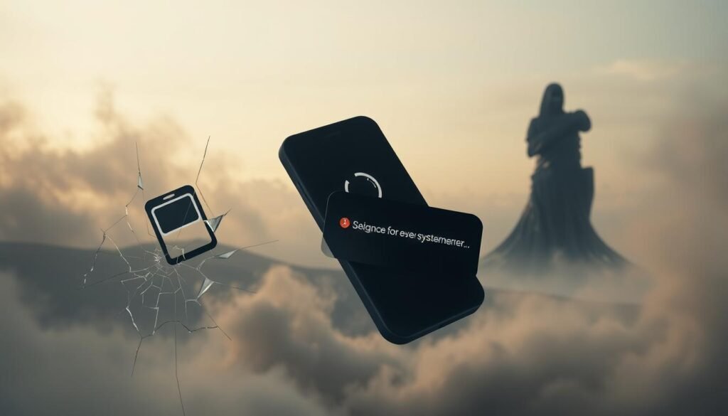 A dreamlike scene of various phone damage symbols floating in a surreal landscape. In the foreground, a shattered glass screen, cracked edges, and a spider web pattern cast against a hazy, ethereal backdrop. In the middle ground, a battery icon, a low signal bar, and a system error message shimmer and distort. In the distance, a towering, twisted smartphone shape looms, casting an ominous shadow. The overall atmosphere is one of fragility, technology glitches, and the anxious feeling of device failure. Soft, muted colors, dramatic lighting, and a sense of depth and mystery pervade the scene.