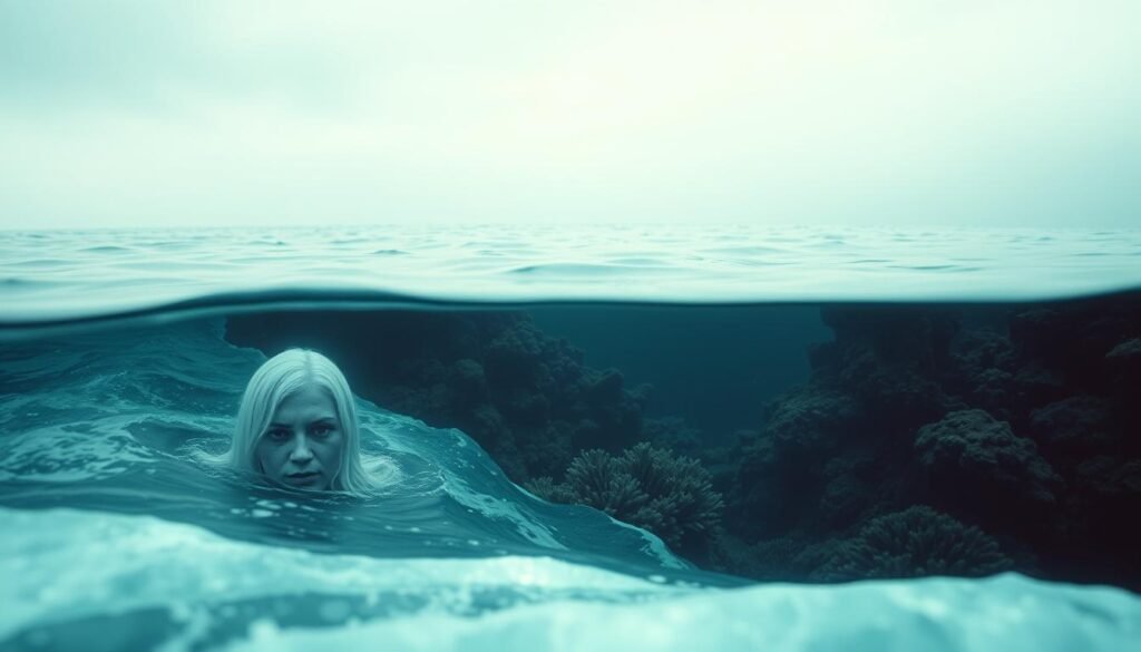 A dreamlike seascape where the ocean's depths conceal hidden emotions. In the foreground, a ghostly figure emerges from the waves, their expression pensive and contemplative. The middle ground features a surreal underwater landscape, with coral and kelp swaying in a current of subconscious currents. In the background, a horizon line blurs the boundary between water and sky, hinting at the unknown depths of the psyche. Soft, diffused lighting casts an ethereal glow, evoking a sense of introspection and the exploration of the self. Shot with a wide-angle lens to capture the expansive, immersive nature of the scene.