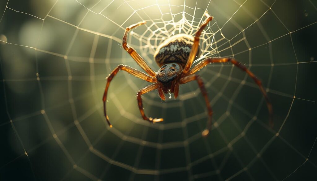 A dreamlike spider, its intricate web casting ethereal shadows, hovers against a backdrop of cascading streams of consciousness. Soft, diffused lighting illuminates the spider's pensive expression, capturing the nuanced decision-making process. In the foreground, sinuous lines and abstract shapes suggest the delicate interplay between instinct and reason. The overall scene evokes a sense of introspection, where the spider's actions mirror the viewer's own contemplative journey. Captured through a wide-angle lens, the composition draws the eye inward, inviting the viewer to explore the deeper significance of spider dreams and their connection to self-discovery.