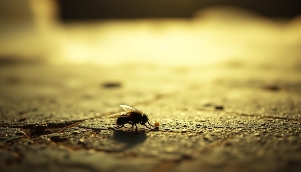 A dreamlike, surreal composition depicting the symbolic significance of a dead fly. In the foreground, a single lifeless fly rests on a textured, weathered surface, its fragile body a somber reminder of impermanence. The middle ground features a slightly out-of-focus, ethereal background, evoking a sense of transition and the veil between waking and dreaming. Soft, ambient lighting casts a warm, golden glow, creating an introspective, introspective atmosphere. The overall scene suggests the fly's symbolism as a harbinger of endings, decay, and the potential for rebirth and new beginnings within the subconscious realm.