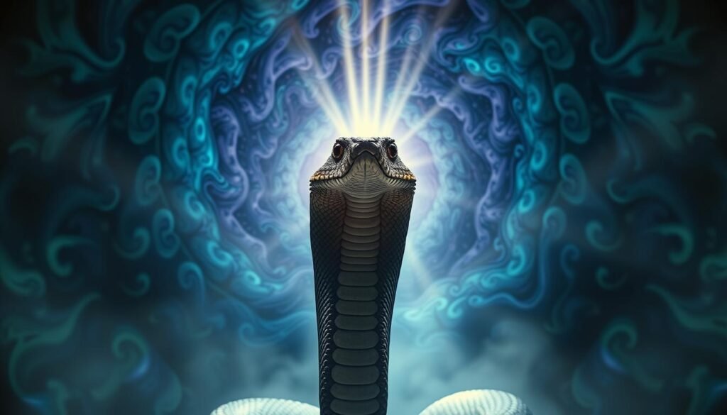 A dreamlike surreal interpretation of the psychology of the king cobra, captured in a dramatic cinematic composition. In the foreground, a massive coiled cobra rises up, its piercing gaze and flared hood commanding attention. Behind it, a swirling vortex of psychedelic, fractal-like patterns in deep blues, purples, and greens, representing the subconscious mind and the mystical energies of the snake. Beams of soft, ethereal light radiate from the center, illuminating the scene with an other-worldly glow. The overall mood is one of profound spiritual introspection, a vivid visualization of the cobra's role as a symbol of divine awakening and the hidden depths of the human psyche.
