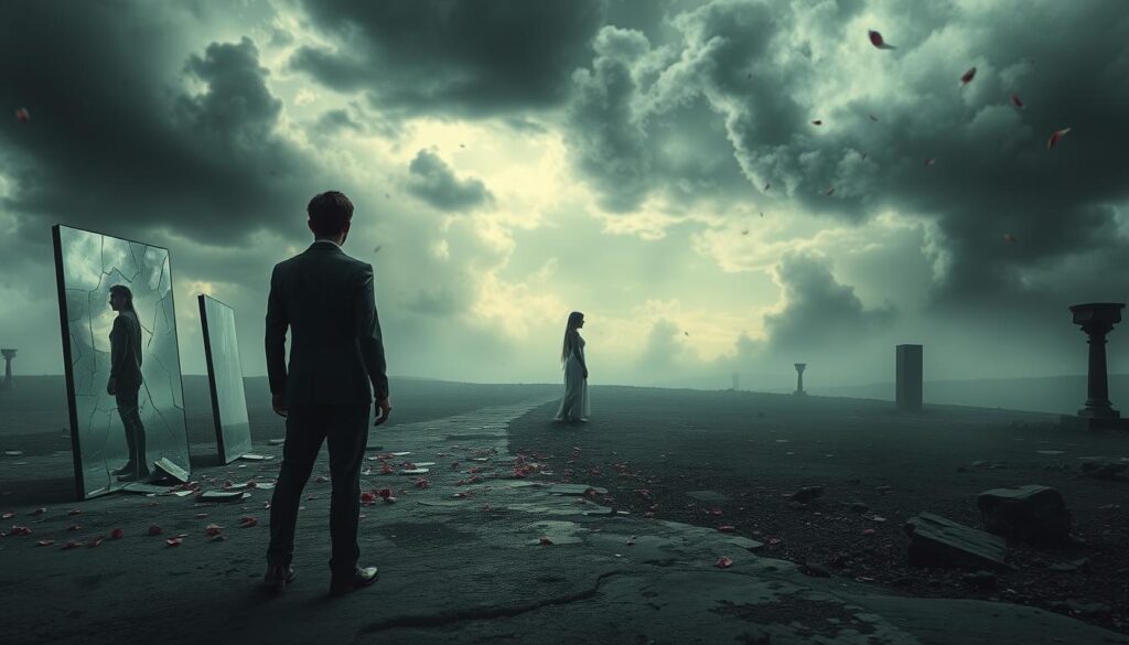 A dreamlike, surreal landscape depicting the emotional turmoil of relationship separation. In the foreground, a figure standing alone, their back turned, gazing at a fading partner receding into the distance. Muted colors, a sense of melancholy and longing. The middle ground features shattered mirrors, reflecting fragmented images of the couple. In the background, a stormy sky with swirling clouds, symbolizing the tumultuous emotions. Soft, diffused lighting casts a pensive, introspective mood. Subtle details like falling rose petals and crumbling architecture heighten the sense of loss and impermanence. An evocative, emotive scene capturing the psychological and spiritual dimensions of relationship separation.