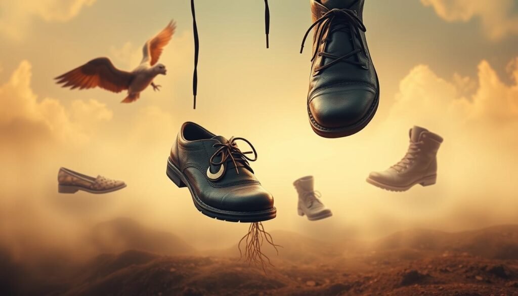 A dreamlike, surreal landscape showcasing the psychological symbolism of shoes. In the foreground, a pair of worn leather shoes levitate, their laces untied, as if suspended in a liminal space. The middle ground features an array of unique shoe designs, each imbued with symbolic meaning - a winged sandal representing freedom, a slipper with a crescent moon motif symbolizing spirituality, and a rugged boot with roots growing from the soles, connecting the wearer to the earth. The background is a hazy, ethereal realm, with wisps of cloud-like forms and a soft, diffused light that imbues the scene with a sense of mystery and introspection. The lighting is warm and atmospheric, creating a contemplative mood to reflect the psychological and spiritual aspects of shoe symbolism in dreams.