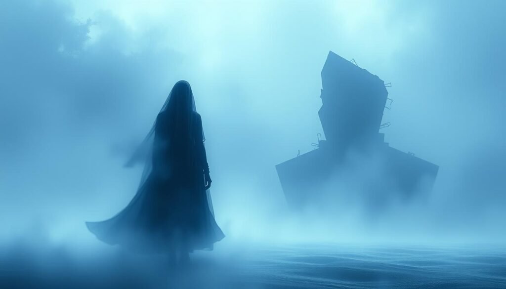 A dreamlike, surreal landscape shrouded in a veil of mystery. In the foreground, a shadowy, ethereal figure emerges, their identity obscured, yet exuding an air of intrigue. Wisps of energy swirl around them, hinting at the symbolic nature of their presence. In the middle ground, abstract shapes and forms in shades of blue, purple, and gray create a sense of depth and layers, suggesting the subconscious realms of the mind. The background is a hazy, otherworldly expanse, with soft, diffused lighting that lends an air of tranquility and contemplation. The overall atmosphere evokes a sense of wonder, inviting the viewer to ponder the deeper meanings and symbolism behind this mysterious dream partner.