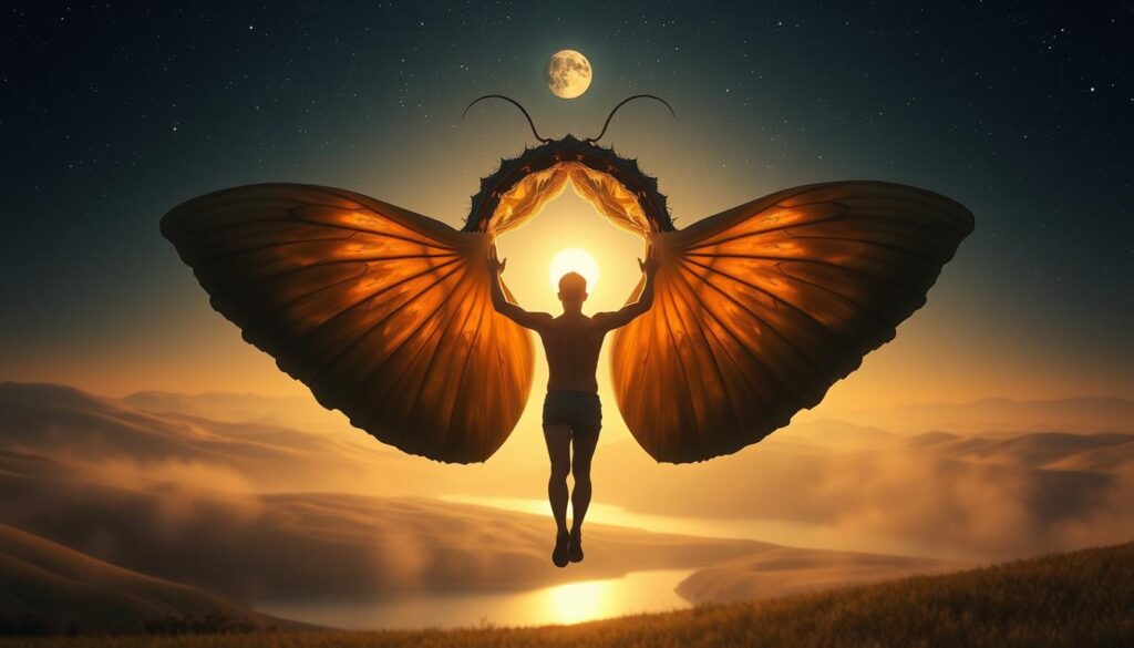 A dreamlike transformation unfolds, symbolizing personal growth. In the foreground, a human figure emerges from a chrysalis-like structure, wings unfurling as they take shape. Soft, diffused lighting casts a warm, ethereal glow, creating an atmosphere of tranquility and introspection. The middle ground features a serene landscape, with rolling hills and a calming body of water reflecting the transformative scene. In the distance, a starry night sky and a full moon lend a mystical, otherworldly quality. Textures blend seamlessly, blurring the boundaries between reality and the subconscious. This captivating image evokes the idea of a journey through the self, where hidden depths are unveiled and renewed purpose takes flight.