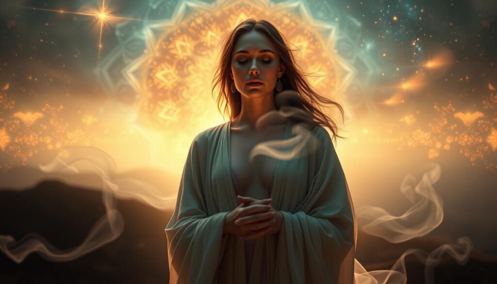 A dreamlike, transformative vision of ethereal beauty and inner insight. In the foreground, a serene, feminine figure with flowing robes and an expression of profound peace. Wisps of smoke or mist encircle her, hinting at the boundless, mystical nature of this vision. The middle ground features a kaleidoscope of abstract, glowing shapes and energy patterns, representing the profound personal shifts and realizations that can arise from loss-related dreams. In the distant background, a celestial landscape of shimmering stars and galaxies, suggesting the boundless, cosmic scope of such transformative insights. Soft, warm lighting illuminates the scene, creating an atmosphere of tranquility, wonder, and profound spiritual awakening.